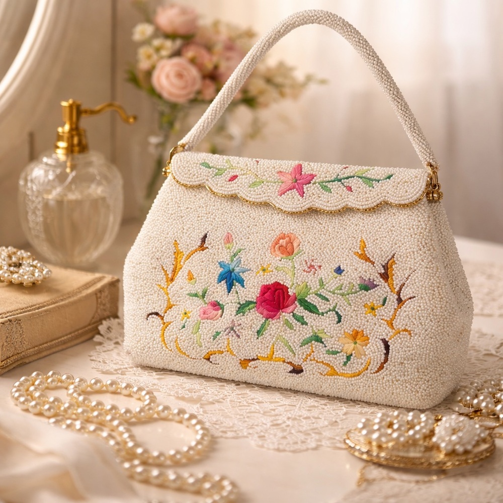White Beaded Handbag with Floral Embroidery and Gold Tone Clasp